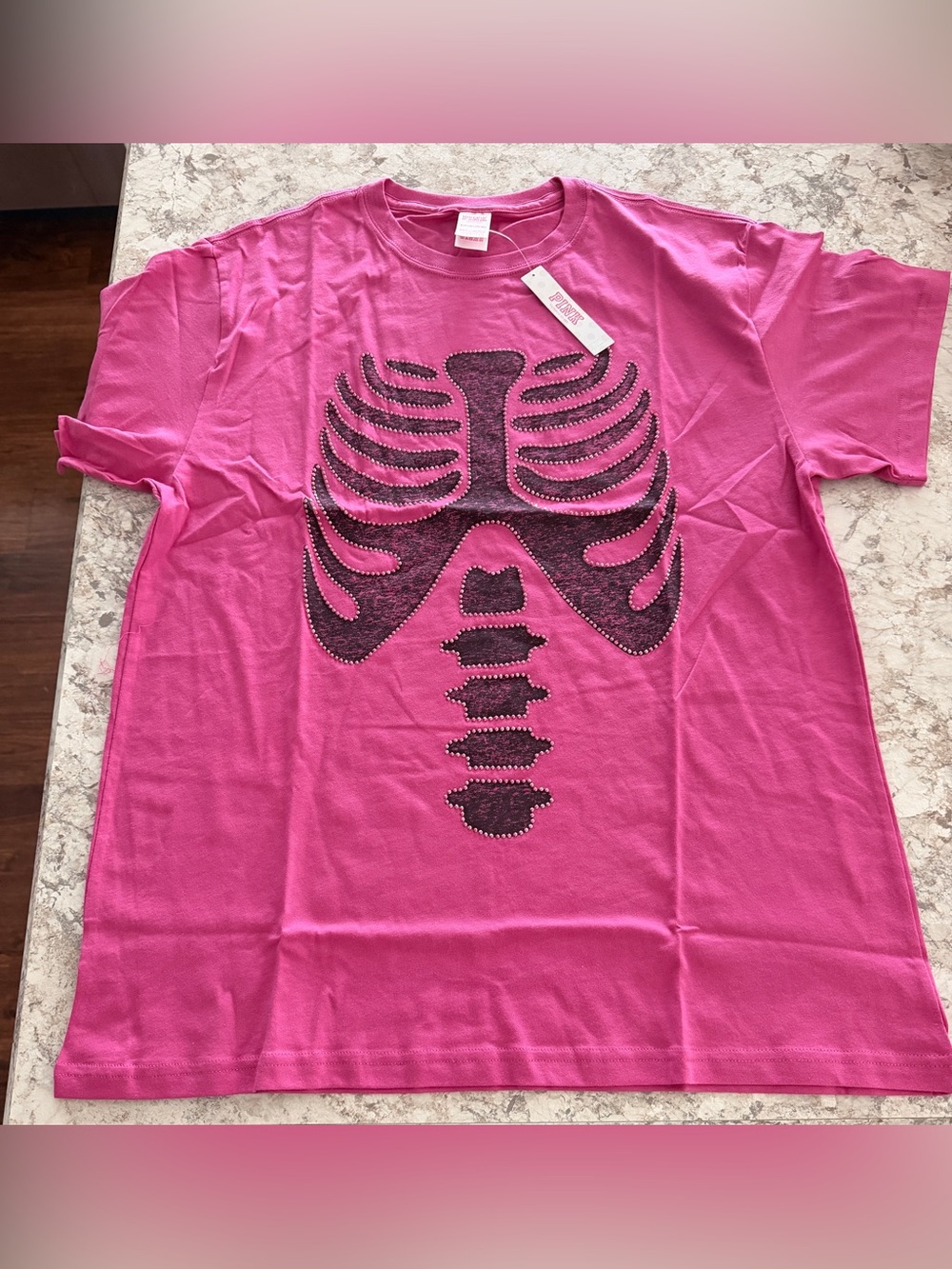VS PINK SKELETON COTTON SHORT SLEEVE TSHIRT HALLOWEEN PINK FIRE BLING SMALL NWT